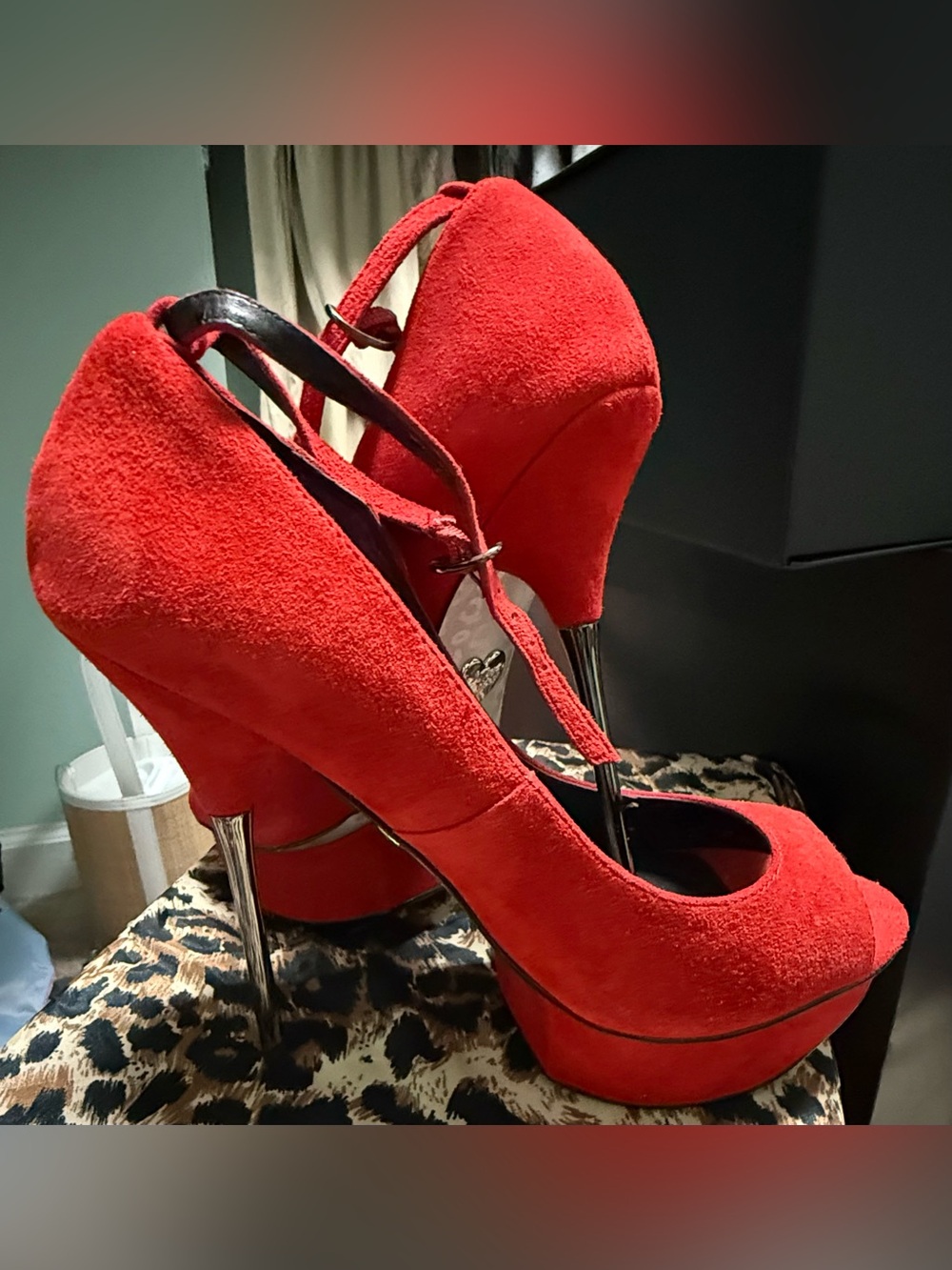Betsy Johnson Women’s Red Suede Peep-Toe Platform Heels with Ankle Strap - Picture 5 of 11